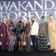 (From left) Martin Freeman, Florence Kasumba, Danai Gurira, Letitia Wright, Ryan Coogler, Lupita Nyong’o, and Tenoch Huerta Mejía attend the European Premiere of Disney and Marvel Studios’ Black Panther: Wakanda Forever in Leicester Square in London on Thursday 3rd November 2022
